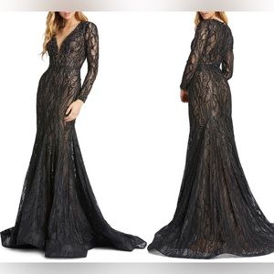 MAC DUGGAL Long Sleeve Lace Beaded Mermaid Gown